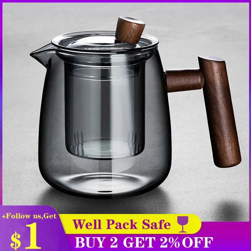 

Glass Teapot Wood Handle Chinese Tea Ceremony Transparent Teawear Set Cup Filter High Boron Silicon Janpanese Pot 480ML
