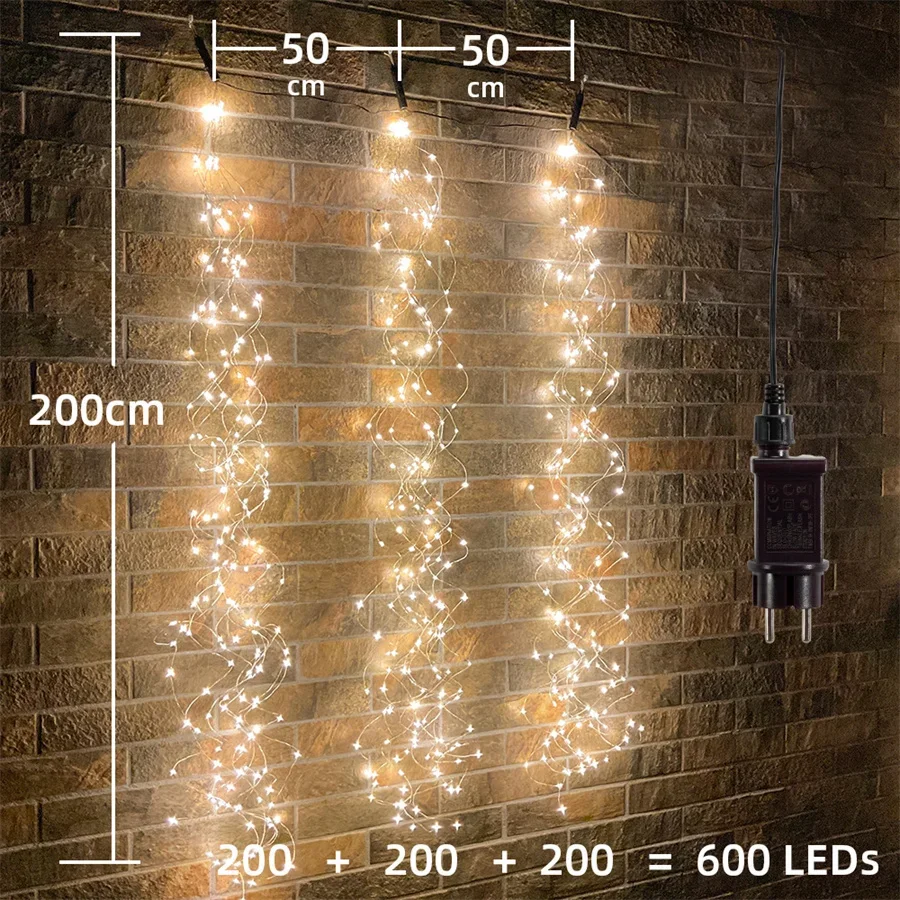 3IN1 600 LED Firefly Bunch Lights Tree Branch Vine Light Outdoor Copper Wire Waterfall String Light Christmas Fairy Light