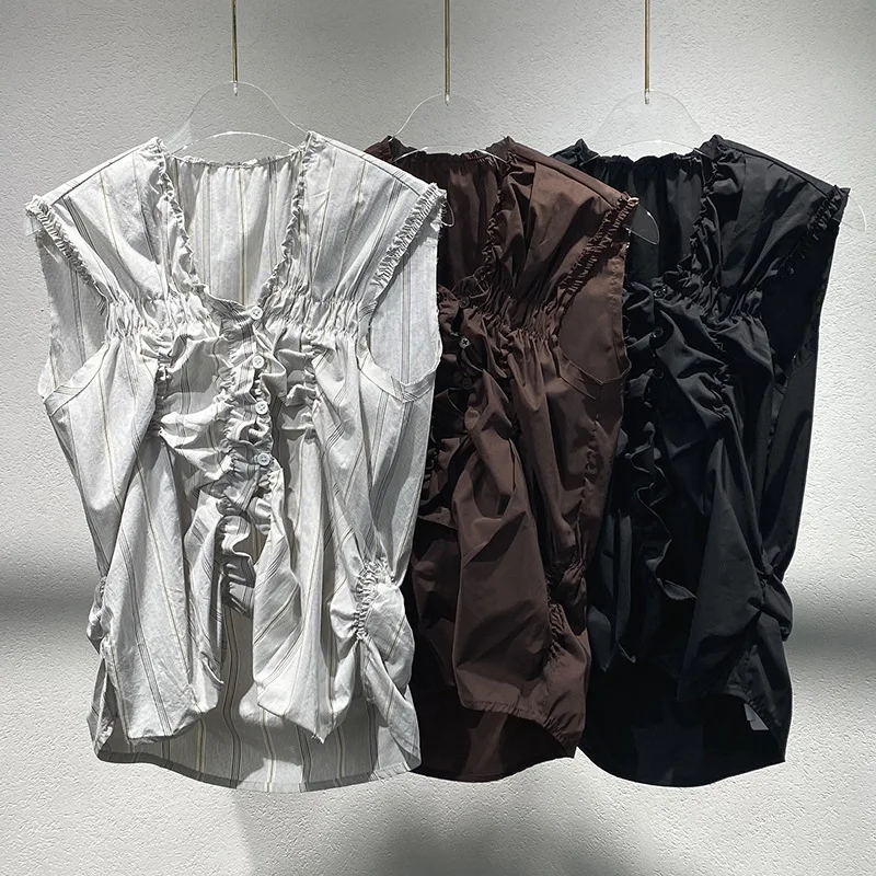 

Summer 2025 new single-breasted slim-fit vest top with unique pleated sleeveless shirt for women