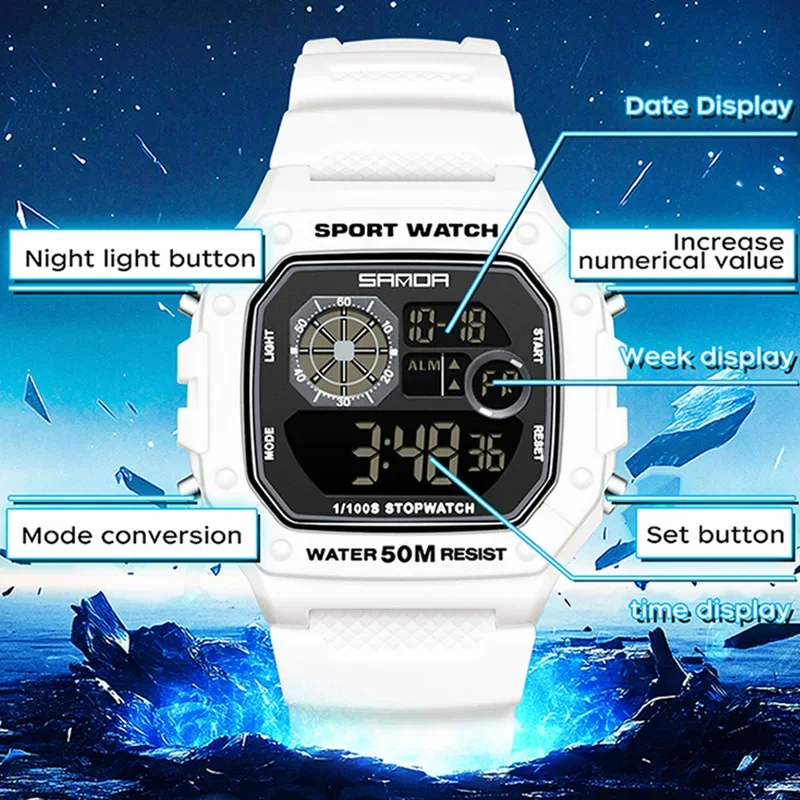 SANDA 패션 남자 전자 시계 스포츠 다기능 방수 LED 빛나는 단일 디스플레이 작은 사각형 전자 시계