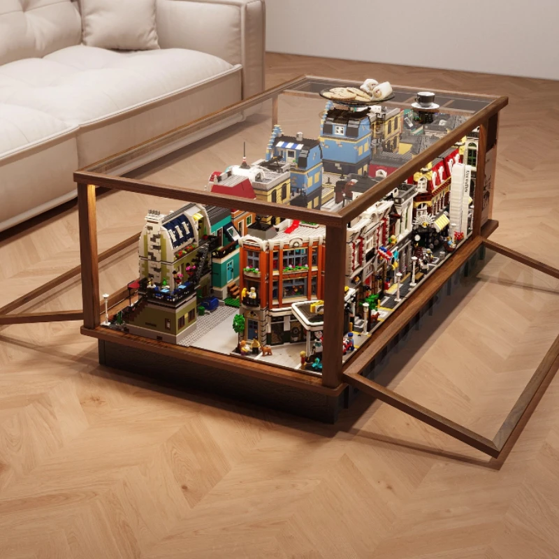

Living room small apartment LEGO street view series building block lighting solid wood coffee table glass display cabinet