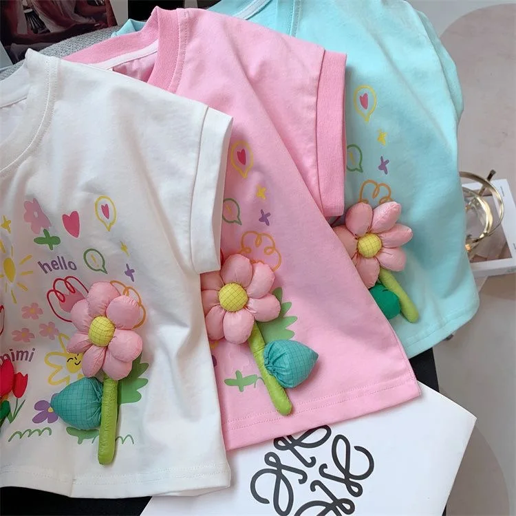 Vestito estivo a maniche corte per ragazze t-shirt a fiori tridimensionali per bambini 2022 t-shirt girocollo per bambine di nuovo stile