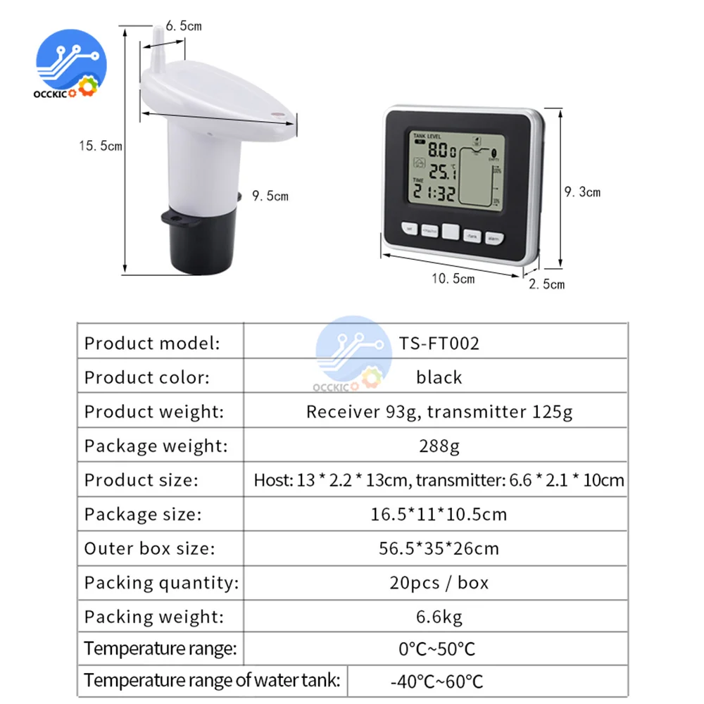 FT002 Wireless Ultrasonic Water Tank Liquid Level Meter With Temperature Sensor Water Level Time Display Low Battery Indicator