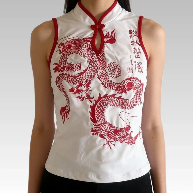 2026 New Y2K Style Retro Trend Chinese Dragon Print Stand Up Collar Sleeveless Vest Top Personalized Fashionable Casual Vest