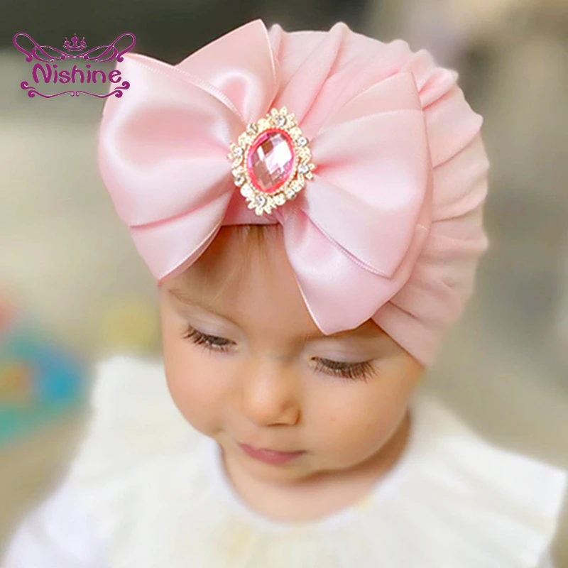 Nishine Fashion Rhinestone Bowknot Infant Indian Hat Soft Cotton Baby Girls Caps Handmade Children Hair Accessories Gifts