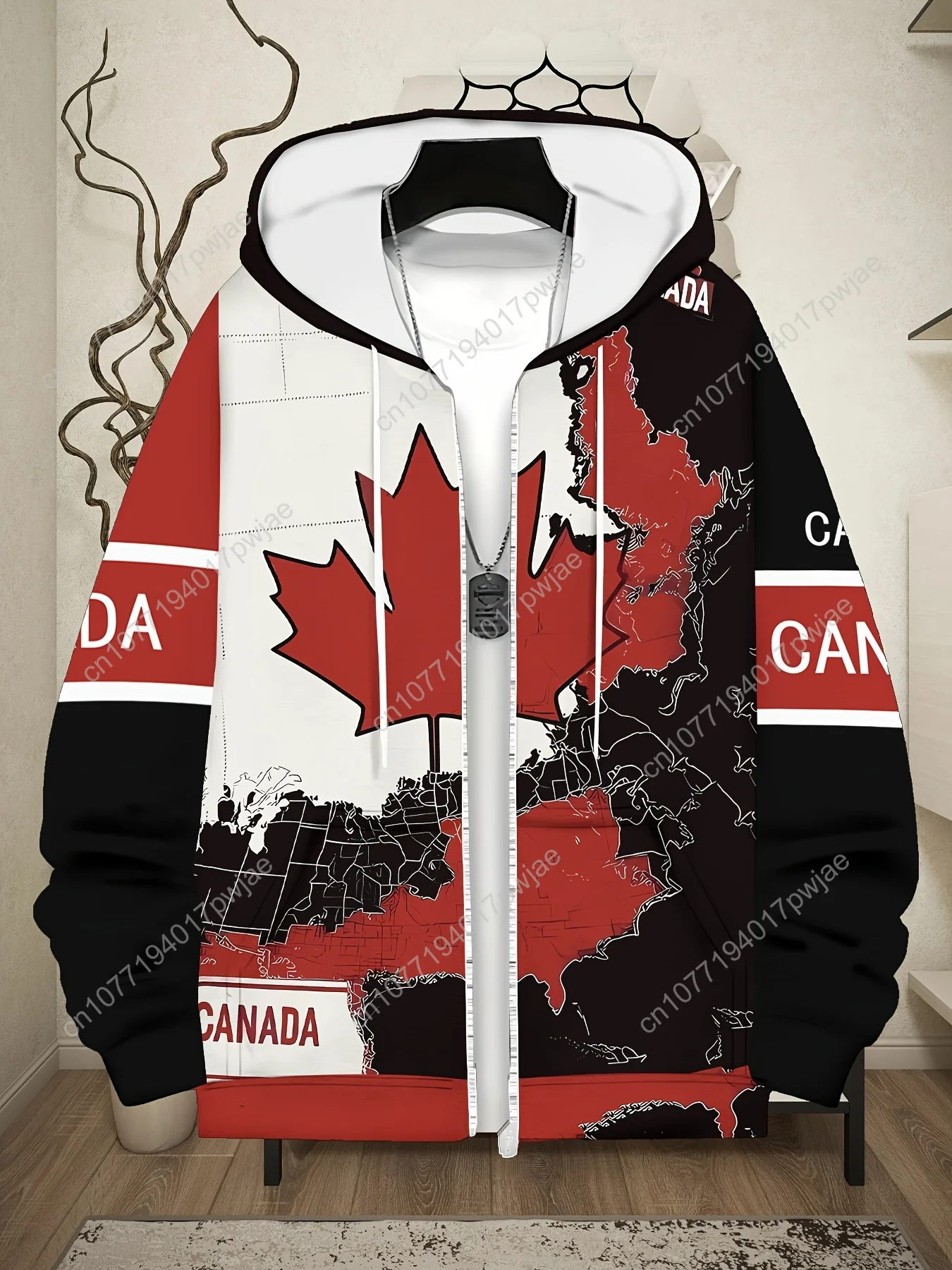 Jaket Musim Dingin Pria dengan Desain Ritsleting Daun Maple - Mantel Luar Ruangan Panjang yang Hangat, Hoodie yang Dapat Dicuci dengan Mesin untuk Musim Gugur & Musim Dingin