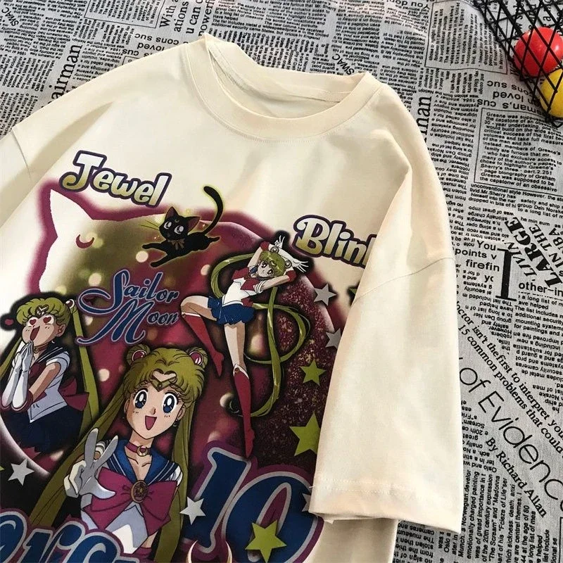 بحار القمر الأمريكية الرجعية طباعة القطن قصير الأكمام تي شيرت المرأة Ins المد الصيف فضفاضة ومتعددة الاستخدامات نصف كم المتخصصة