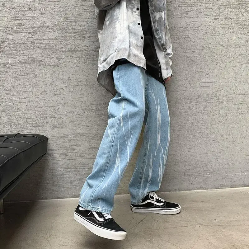 Streetwear Baggy Jeans Men/Women Retro Patchwork Full Length Wide Leg Straight Denim Pants Man Washed Trousers Couples
