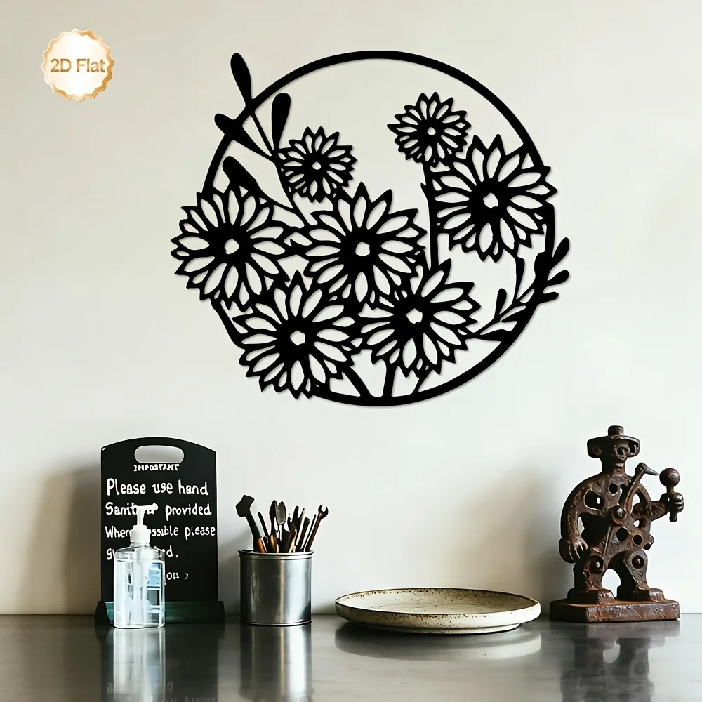 1pc 2D Flat Metal Iron Wall Art, Black Flower Wreath Decor, Rustproof Indoor Outdoor Sculpture for Living Room