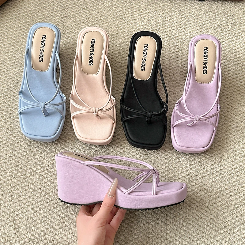 

Summer New Style Fashion Women Luxury Wedges Heel Clip Toe Slippers Concise Narrow Band Slide Ladies Outdoor Party Dress Sandals