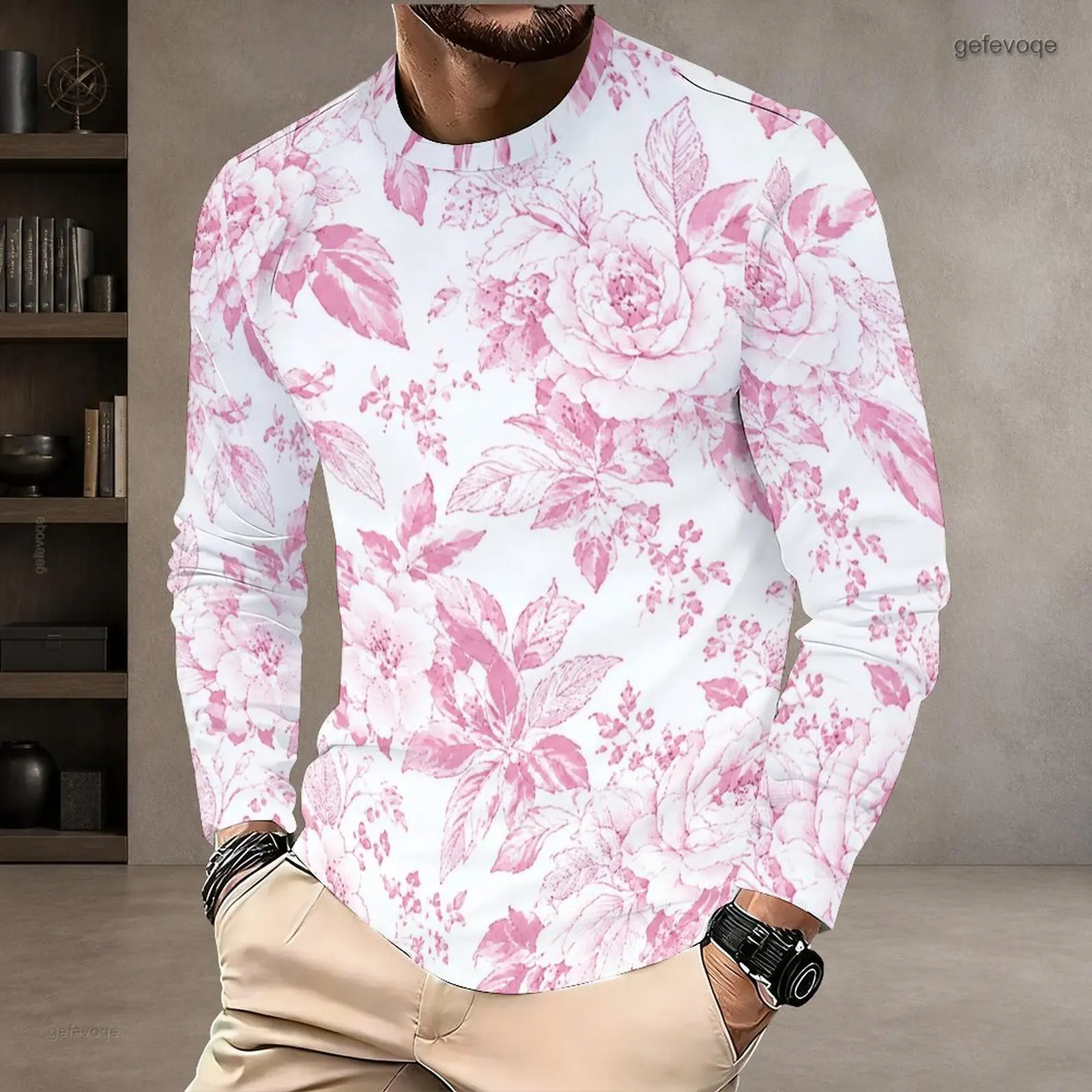 Men Bright Red Dark Red Damask Floral Heart Printed Round Neck Long Sleeve Pullover T Shirt