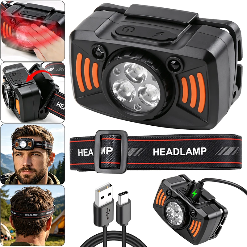 3LED Compact Portable Wave Sensor Headlamp Rechargeable Strong Light Torch for Outdoor Night Fishing Camping Lighting