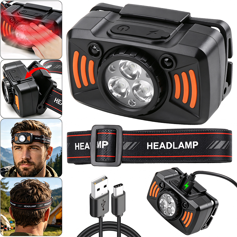 3LED Compact Portable Wave Sensor Headlamp Rechargeable Strong Light Torch for Outdoor Night Fishing Camping Lighting