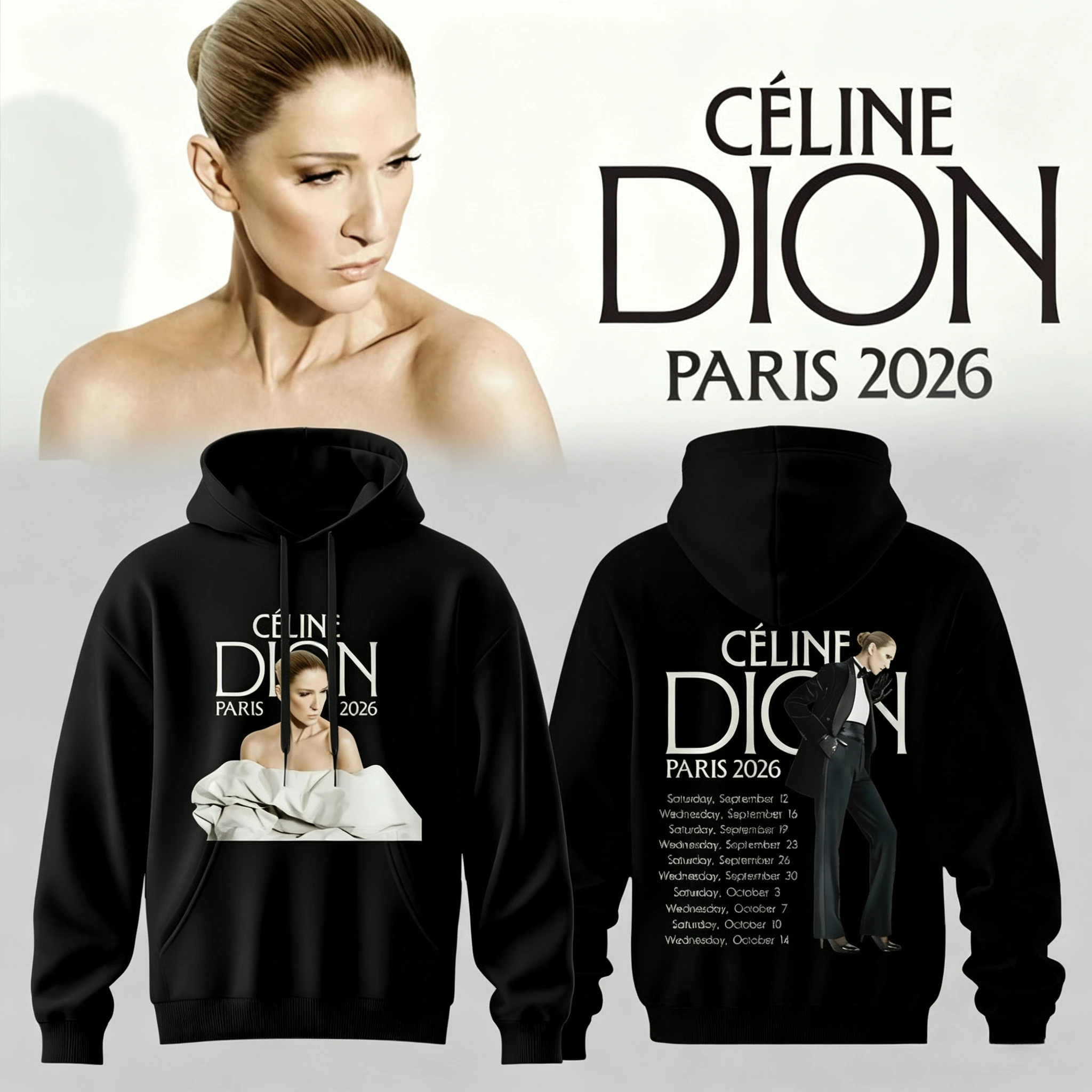 Celine Dion Paris 2026 Tour Hoodie Unisex Pullover Kapuzenpullover Vintage Konzert Grafik Streetwear Fan-Oberteil – Detail 3