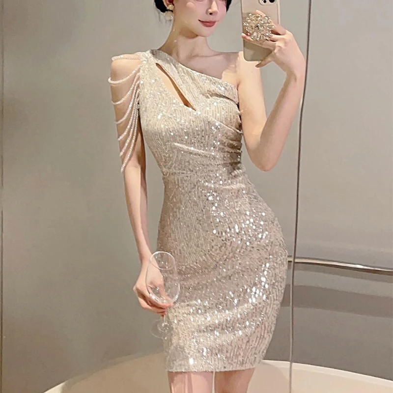 summer diagonal collar sequins hollow out bodycon mini vestido ladies elegant fashion slim beading evening dress women temperame