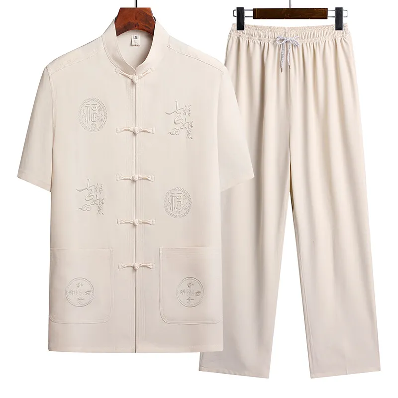

2025 summer spring Men's Fashion Two-piece set men shortsleeve Cotton Sportswear Male Casual Chinese style Shirts + Pants