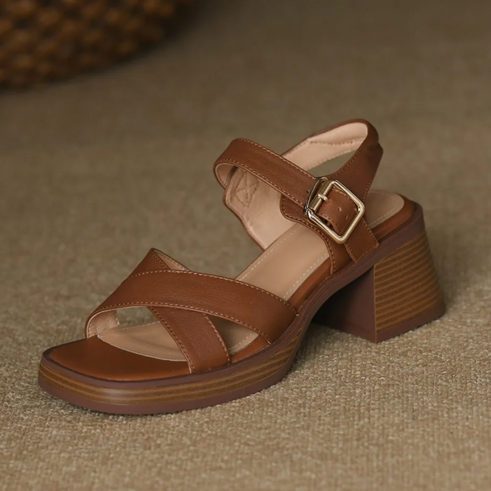 Summer Real Soft Leather Thick Heel Vintage Brown Sandals Women's Cross One Line Strap High Heel Mary Jane Sandal Zapatillas