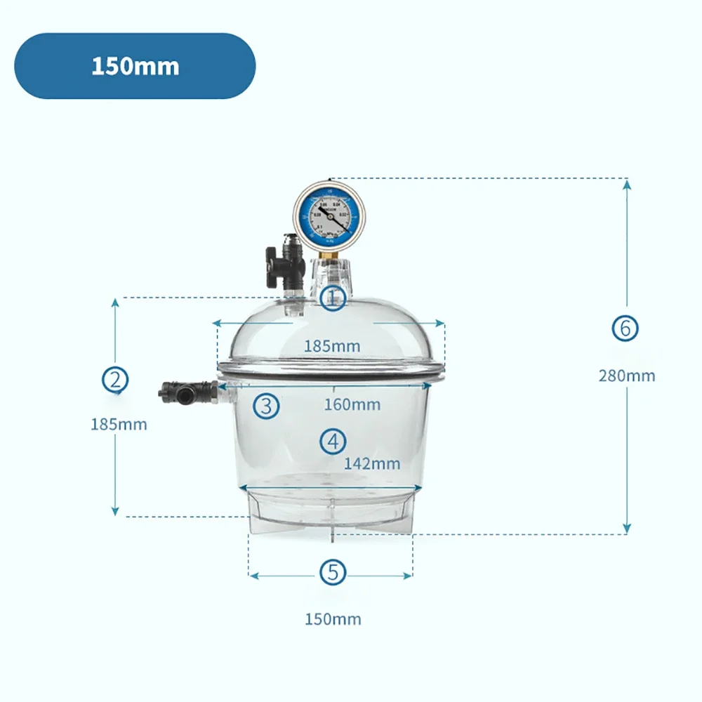 Laboratory Plastic Vacuum Dryer Transparent Vacuum Drying Vessel Polycarbonate Storage Tank Ball Valve Pressure Gauge 150MM