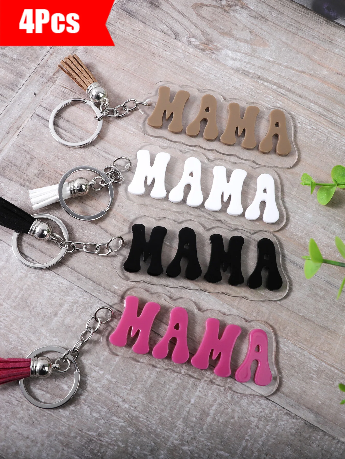 4-Piece Cute Letter Pendant Tassel Keychain MAMA Acrylic Keychain Paired with PU Tassels in the Same Color Scheme