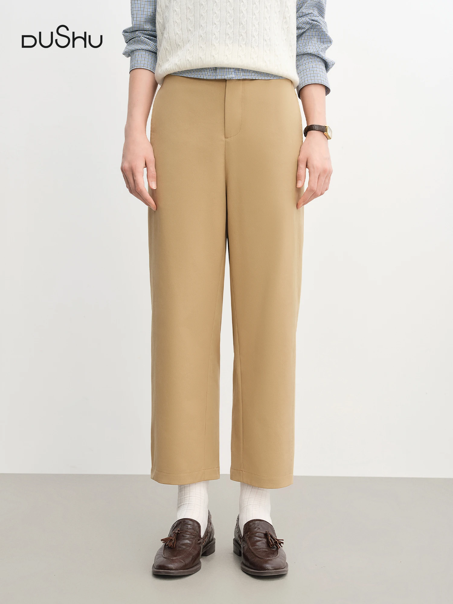 ​DUSHU 2025 Women's High Waist Flared Hem Pants - Summer Casual Elastic Waistband Ankle-Length Trousers Daily Wear​