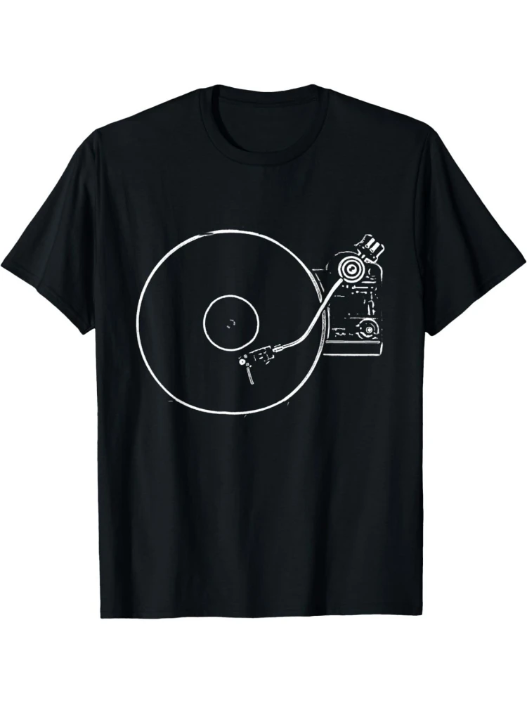 Vintage Vinyl Record Player Sketch Graphic-Black with White Line Art design-cotton O-neck short sleeve printed men's T-shirt.