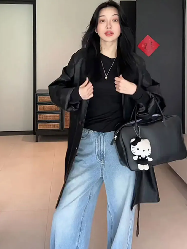 Bla PU cuero Jaet mujer motocicleta Sle abrigo de longitud media otoño 2025 nueva ropa de abrigo Faionable de un solo botón