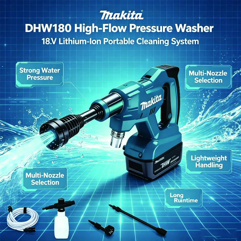 Idropulitrice portatile a batteria Makita DHW180 18V, ad alta portata, per pulizia auto, giardino e patio