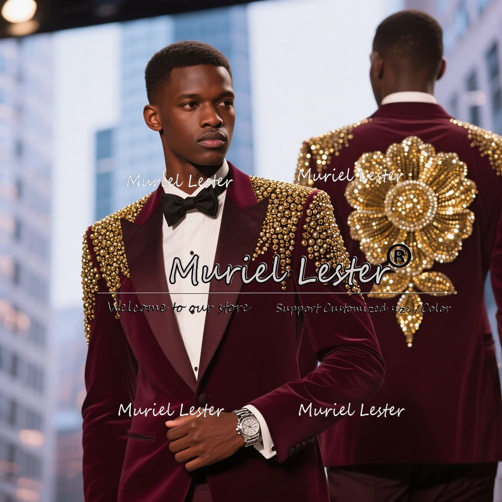 

Luxury Gold Pearls Beaded Suits Men 2 Pieces Sets Single Breasted Prom Blazers Customized Groom Wedding Tuxedos traje de hombre