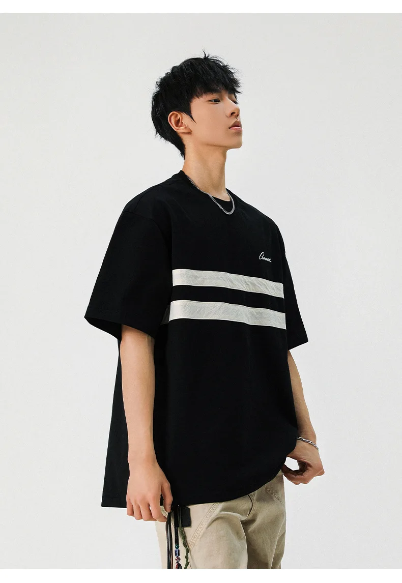 Retro Embroidery Loose Casual Short Sleeve T-Shirt Men's Summer Cotton Slightly Wrinkled Stripe Color Clash Design Body Shirt