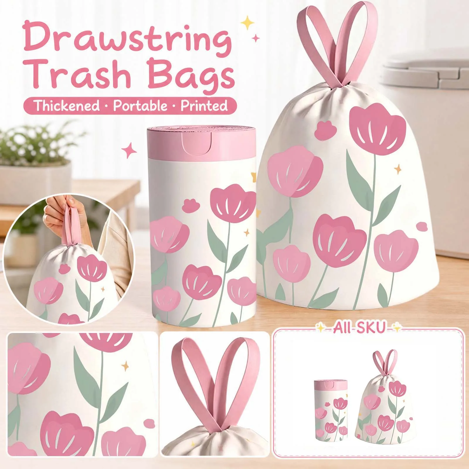 Fashion Printed Trash Bag Thickened Tear-Resistant Garbage Bags Handle-Type Kitchen Cleaning Drawstring Trash Bags