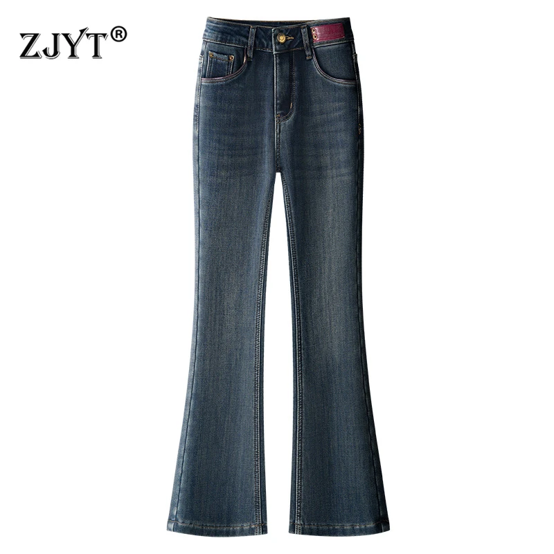 

ZJYT утепленные расклешенные джинсы для женщин, зимняя мода, элегантные повседневные джинсовые брюки, женская одежда, брюки, женские штаны, синие дамы