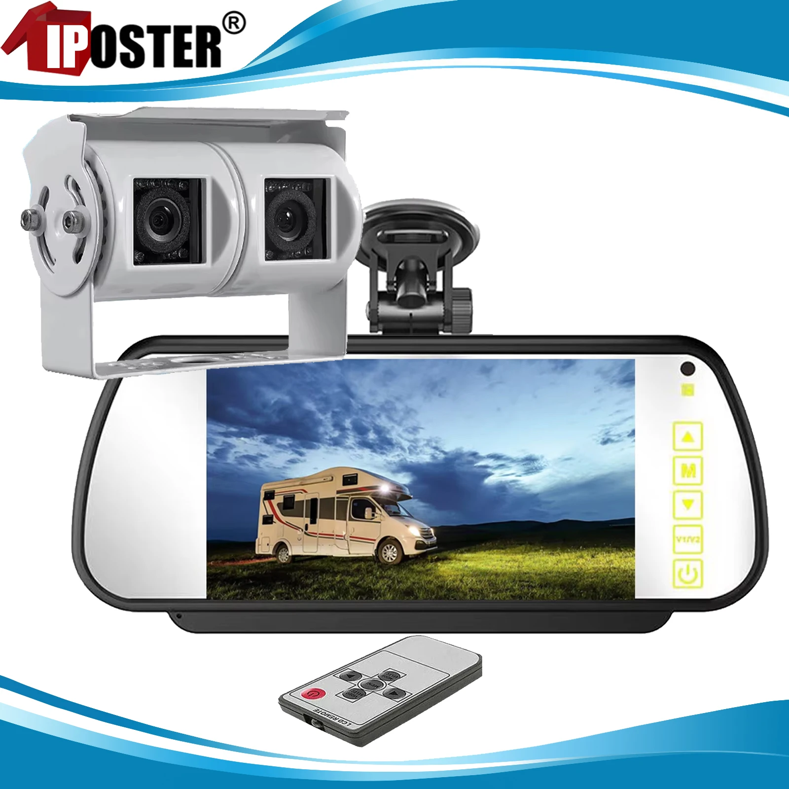 iPoster White CCD Color Rear View Camera Metal Case HD  7 suction cap Car Rear View Mirror Monitor For Trailer RV Caravan