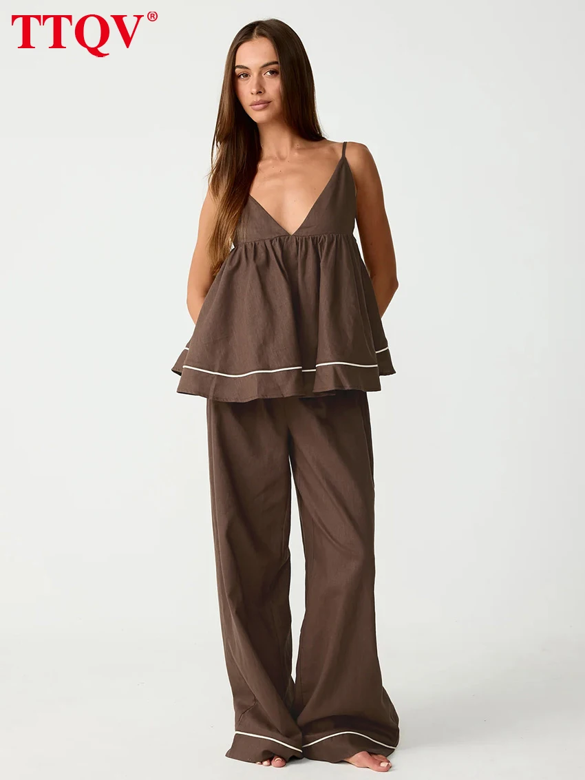 

TTQV Summer Loose Brown Cotton Pants Set 2 Piece Woman 2026 Sexy Sleeveless Tank Top With High Waist Wide Trousers Suts Female