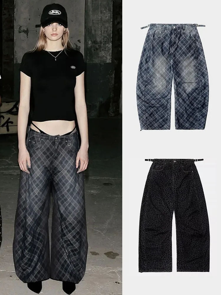 

Minju женские винтажные свободные повседневные джинсы в клетку с высокой талией, осенние модные женские свободные джинсовые брюки