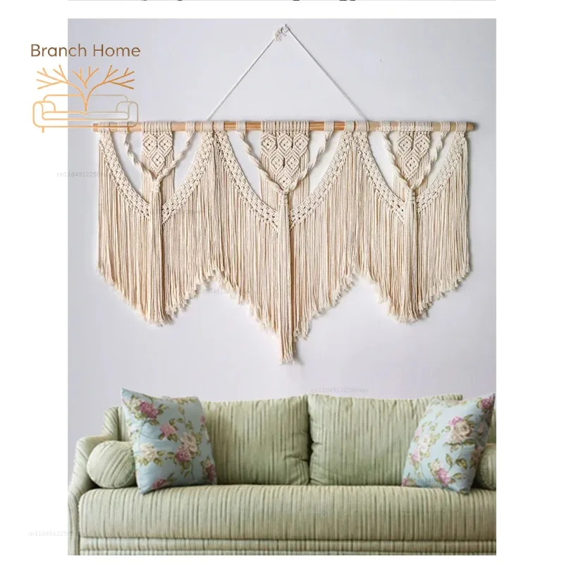 Large Macrame Wall Hanging Tapestry  with  Wooden Stick Hand-Woven Bohemia Tassel Curtain Tapestry  Wedding Backgrou Boho Decor