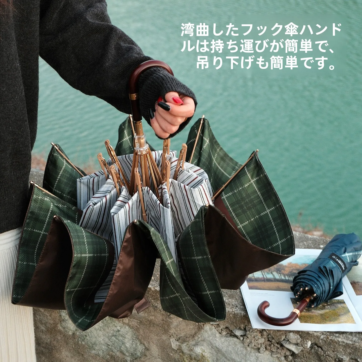 頑丈な大型二層グリッド日傘、曲げフック付き、防風uvカット、レトロデザイン、折りたたみ式日傘