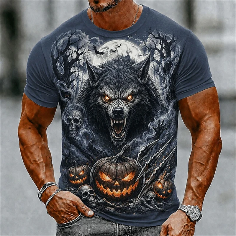 2026 Men's Halloween Party Round-Neck T-Shirt Full Moon Claws Wolf Skull Bat and Pumpkin—Dark Horror Fashion Theme Top