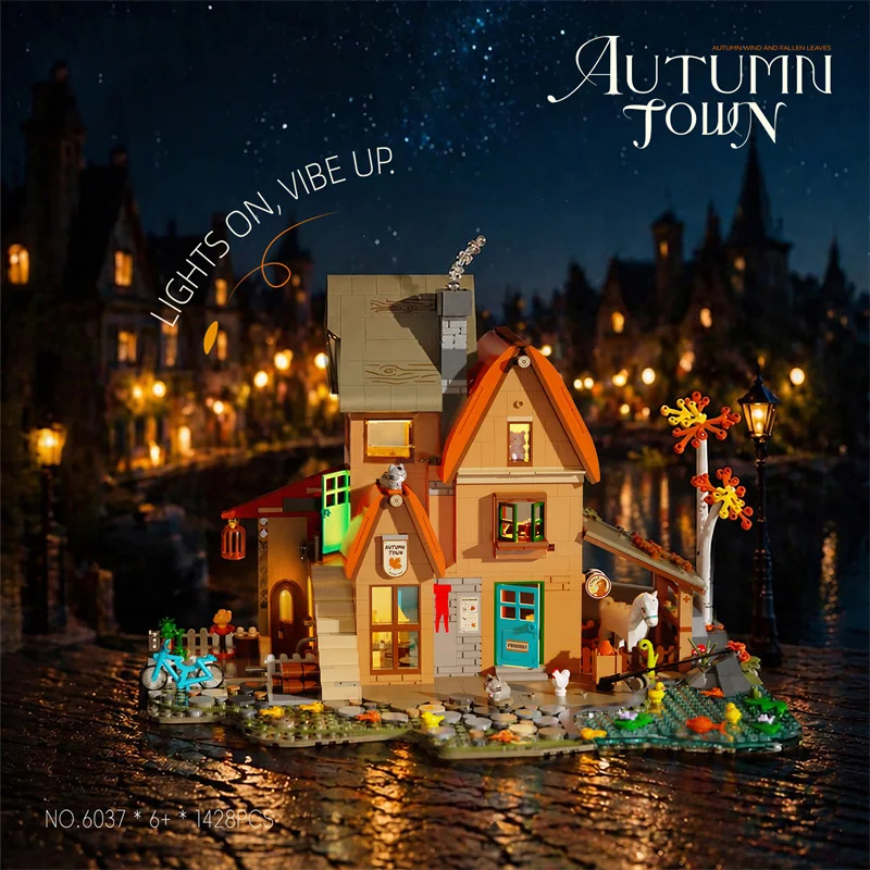 Creative Village Street View Mini Block Autumn Town Building Brick House Streetscape Construction Toy With Light For Gifts