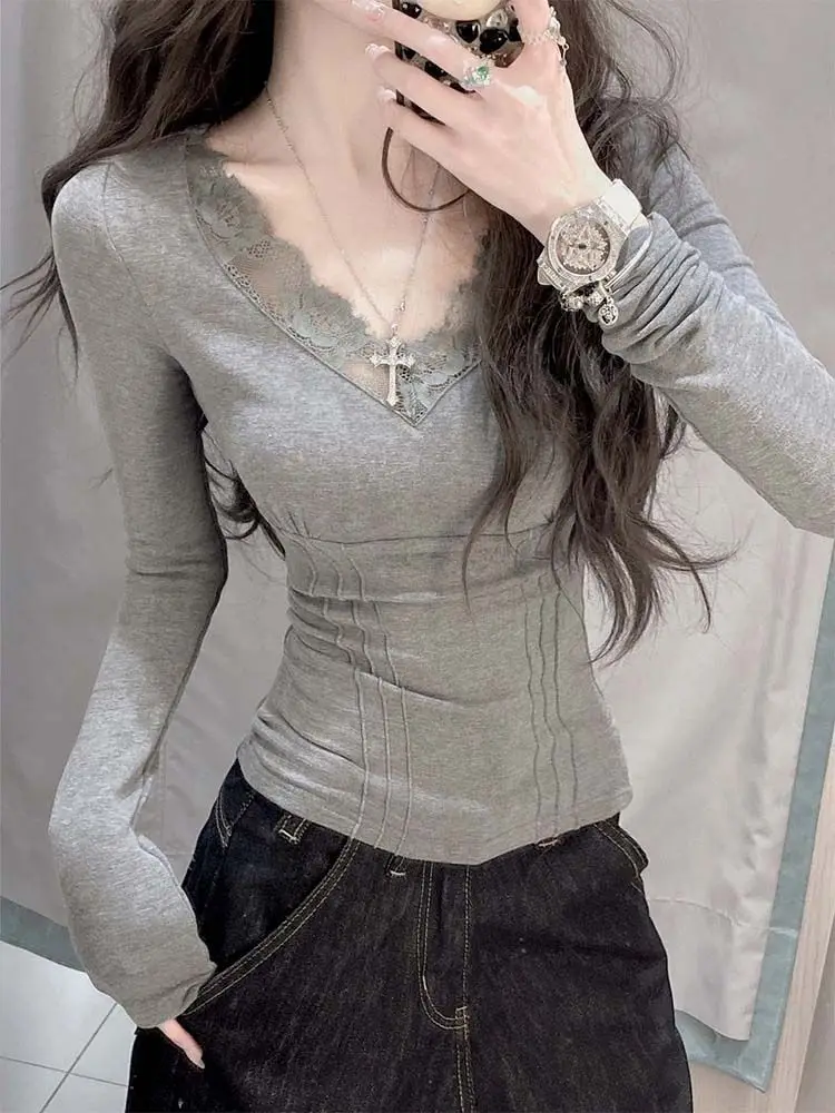 Women Sexy V Neck Long Sleeve T Shirt Autumn 2026 Slim Fit Basic Top Elegant Charming Chic Streetwear Y2K Fashion New Arrival
