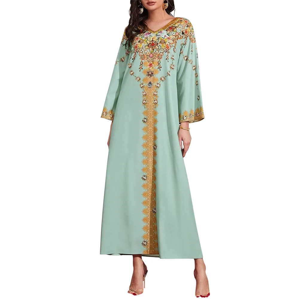 Vrouwen Jurk Lente Print V-Hals Lange Mouw Kaftan Moslim Dame Gewaad Feest Ramadan Femme Lange Jurk