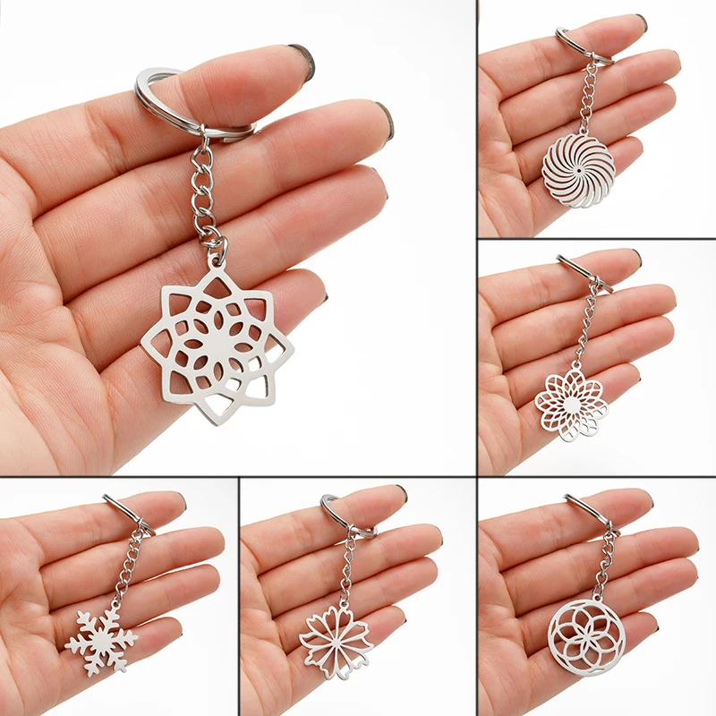 Shuangshuo Geometric Flower of Life Yoga Key Chain Mandala Hollow Pendant Key Ring Bag Car Key Holder Stainless Steel Jewelry