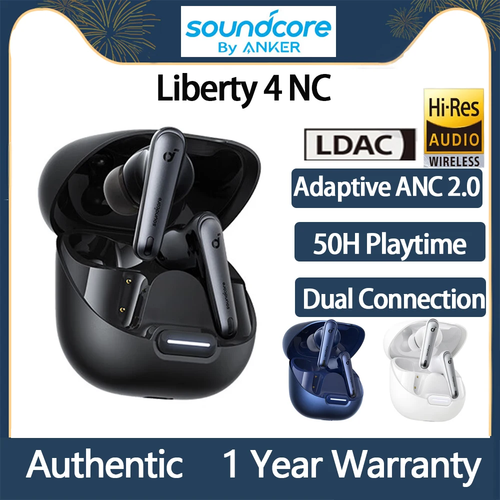 سماعات أذن Soundcore Liberty 4 NC اللاسلكية المانعة للضوضاء 98.5% Hi-Res Hybrid Anc بطارية 50 ساعة، أبيض أسود أزرق