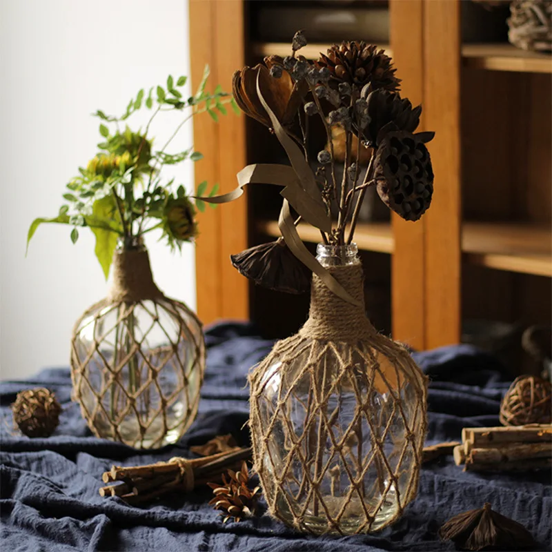 Boho Rustic Jute Net Wrapped Glass Vase Clear Tabletop Flower Vase Home Living Room Cafe Hotel Decor Dried Flower Ornament Gift