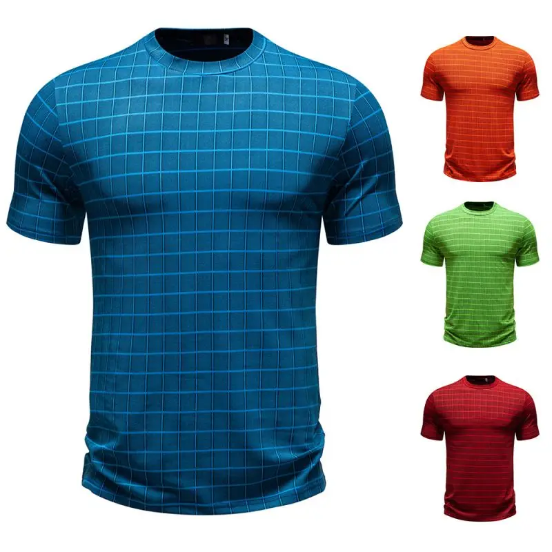 European American Style Summer Breathable Men's T Shirt Fashion Plaid Short Sleeve T-shirts Fitness Round Neck Running Gym Tops