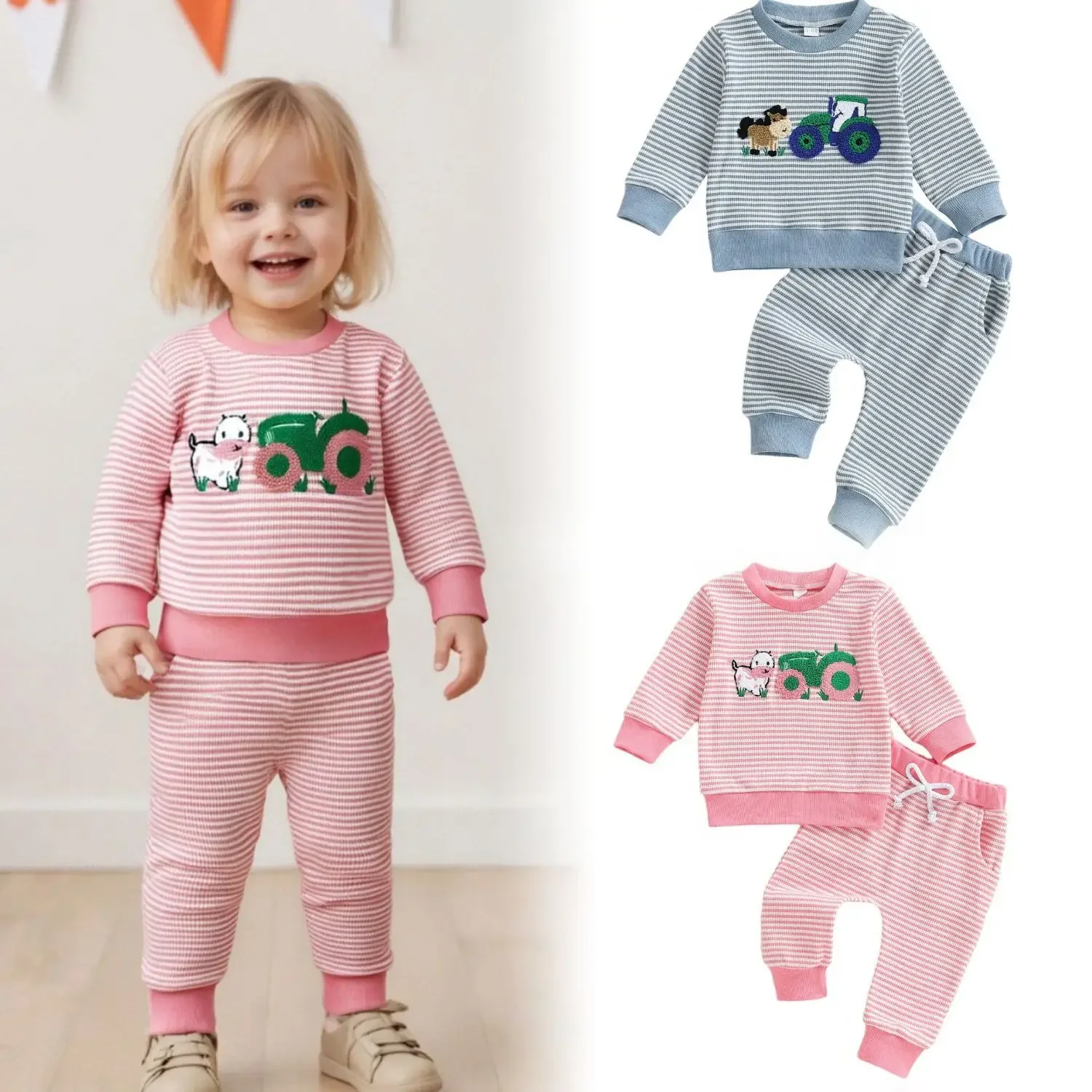 

2025 Baby Autumn Clothes Cotton Waffle Sets 0-3Y Boy Girl Farm Embroidery Long Sleeve Sweatshirt and Striped Pants 2Pcs Outfits