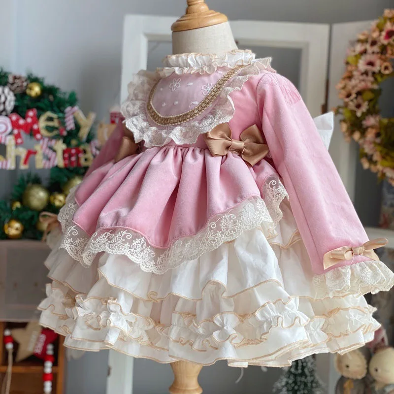 2024Girls\' Autumn and Winter Lolita Western Style New Year\'s Day Dress Birthday Christmas Velvet Princess Dress