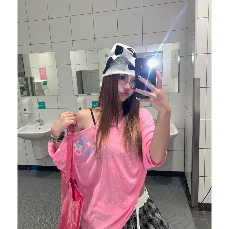 Kimotimo American Spicy Girl Polka Dot Print Long Sleeve T-shirts Women Off Shoulder Loose Thin Casual Tops Y2k Aesthetic Tees