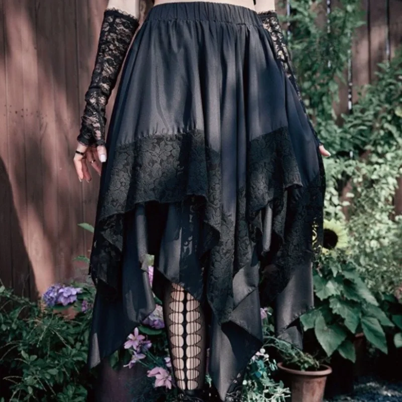 Damskie spódnice koronkowe w stylu gotyckim punkowym Y2K streetwear steampunk z kontrastową koronką, nieregularne, renesansowe, cosplay, nowa kolekcja vintage 2025