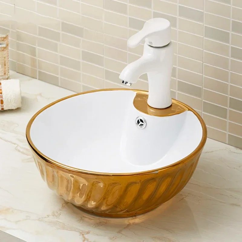 Round Golden Stage Basin Hotel Bar Bathroom Sinks Modern Color Gold Bathroom Washbasins Art Ceramic Basin Washing Sinks Bathroom