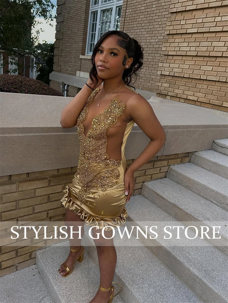 흑인 소녀를 위한 금색 짧은 프롬 드레스, 비즈 크리스탈 장식, 2025년 생일, 고급 드레스, 러플, 정장 가운, 미니 홈커밍 드레스, 맞춤 제작
